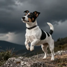 black and white jack russell terrier jumping in the air, photorealistic