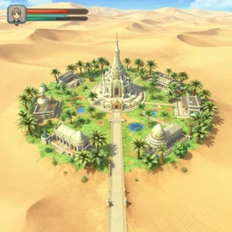 an isolated inhabited religious warrior village with pale colored spiritual sacred alien architecture in the lush oasis of a vast sand desert, 3 rd person game, screenshot, gameplay, walkthrough, square enix, jrpg, cutscene