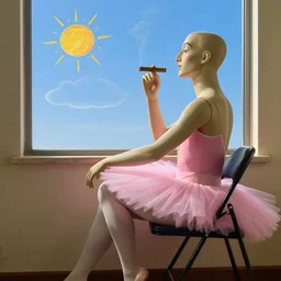 side view of a single realistic male mannequin, sitting on a folding chair looking out a window at a realistic blue sky, with a hand drawn sun and hand drawn cloud, wearing a pink ballerina outfit, smoking a cigar, 8 k, n sharp detail, octane rendered, in the style of salvador dali