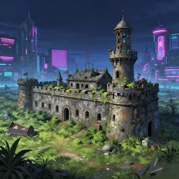 a beautiful hyperdetailed anime illustration of navy fort abandoned by john william casilear, reclaimed by nature synthwave nightsky magic realism futuristic neon signs elysian steampunk retrowave azeroth, archdaily, wallpaper, highly detailed, trending on artstation.