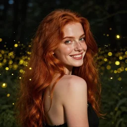 a happy, modern looking young woman, seen from behind, among the lights of golden fireflies and nature, long loose red hair, intricate details, green eyes, small nose with freckles, oval smiling face, golden ratio, high contrast, hyper realistic digital art by artemisia lomi gentileschi and caravaggio and artgerm.