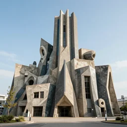 a scifi church built in brutalist architecture, diverse unique building geometry full of shapes and corners