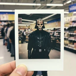 darth maul waiting in line at a walmart in the early 1 9 9 0 s, polaroid picture