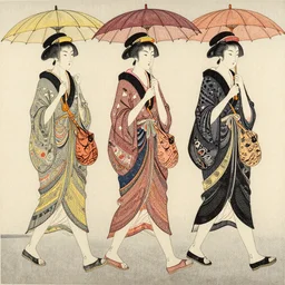 geishas walking with umbrellas patterned dresses highly detailed fine wood block print
