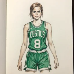 sketch drawing, emma watson in full boston celtics garb, sharp lines, shading, lined paper, green jersey, rough draft, classroom doodle