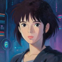 macro portrait of a synthwave style female, backlighting, futuristic, painting by bouguereau ghibli