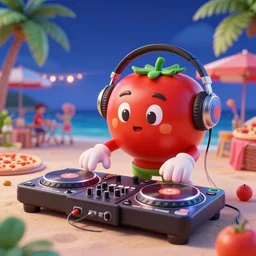 3 d render of a cartoon tomato character as a dj at a pizza party, wearing headphones, working the turntables, on a tropical beach, pizza spinning on the turntable, party, night sky, 3 d render, hyper realistic, octane render, trending on artstation, by pixar
