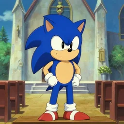 film still of sonic the hedgehog giving a sermon. baptist church in rural tennessee background, studio ghibli film