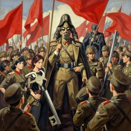 anime key visual of a fascist regime rally 1 9 4 5, alternate universe matriarchy, nationalism, red flags, dictator, style of jamie wyeth james gilleard edward hopper greg rutkowski acrylic painting, preserved museum piece, historical