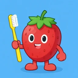 a cute strawberry character with two front teeth, holding a yellow toothbrush, in the style of victor moscoso