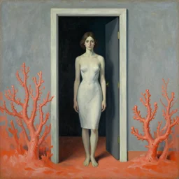 woman standing in the doorway with coral. flood. painting by paul delvaux