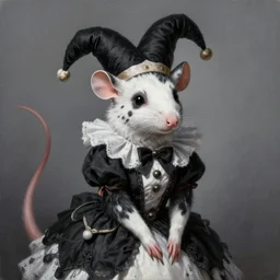 masterpiece painting by WLOP, sakimichan and Ross Tran of a spotted humanoid black and white wererat wearing jester clothes, highly detailed, sharp, color graded, featured in Artstation, inspired by Greg Rutkowski, cgsociery