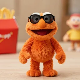 bip bippadotta, happy meal toy, orange fuzzy muppet, wearing sunglasses