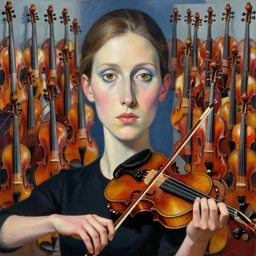 portrait of a young violinist focusing by vincent lefevre and herman bas and pat steir and hilma af klint, psychological, symmetrical face, background with hundreds of violins by andreas gursky and lee madgwick, rendered in octane, altermodern, masterpiece