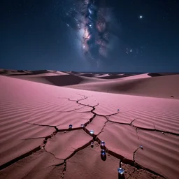 stars and gems flow from pink cracks in the desert at night
