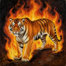 an exploded view of a tiger on fire by salvador dali. surrealism. oil paint. detailed. masterpiece. hq.