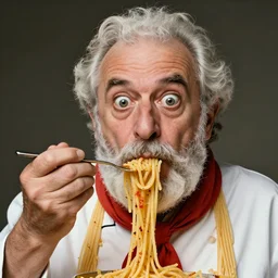 extremely detailed portrait of old italian cook, spaghetti mustache, slurping spaghetti, spaghetti in the nostrils, spaghetti hair, spaghetti beard, huge surprised eyes, shocked expression, scarf made from spaghetti, full frame, award winning photo by paola agosti