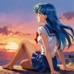 a woman with long blue hair in mesh tights sitting on the ground, back to the viewer looking at sunset, a detailed drawing by sailor moon, featured on pixiv, official art, anime, pixiv