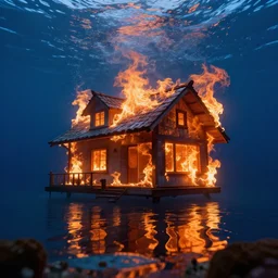 an underwater house on fire with high quality raytraced reflections and refractions, 8k