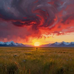 empty grass land for miles in every direction s small walks in the distance on the horizon swirling storm clouds in the distant sky at beautiful sunset giant ice mountains can be seen in the far background, rule of thirds, hyper detailed, digital art, thick swirling brush strokes, insane complexity, trending on artstation, red and yellow, epic, beautiful