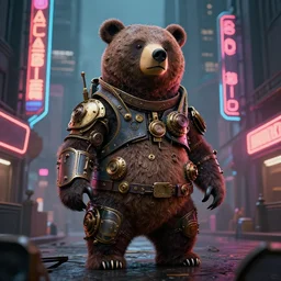 photo of a futuristic steampunk bear in a city with neon signs raytraced textured dramatic