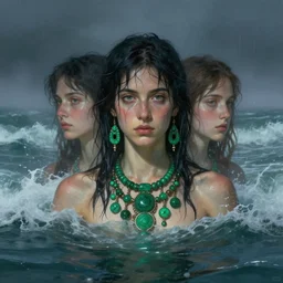 fog hyperrealist portrait, half body, tribal green jewelry submerge in a ocean waves at night, wet by lucian freud jenny saville and alphonse mucha very detailed faces