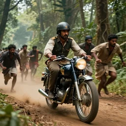 a british officer driving a motorcycle at high speed in 1921 in kerala forest road, local people chasing to attack, furious action scene, chase, an epic fantasy, dramatic lighting, cinematic, establishing shot, extremely high detail, photorealistic, cinematic lighting, artstation, by simon stalenhag, uncharted a thief's end