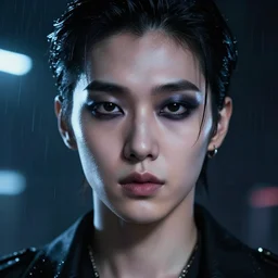 facial portrait of a korean blade runner with dark makeup, dark cyberpunk background, lens flare, rain, deep focus, d & d, intricate, elegant, highly detailed, photo, artstation, blade runner, 8 k, sharp focus, octane, unreal engine 5, global illumination, radiant light