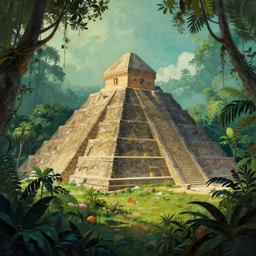a painting of a pyramid in the middle of a jungle, a detailed matte painting by christophe vacher, cgsociety contest winner, fantasy art, matte painting, matte drawing, concept