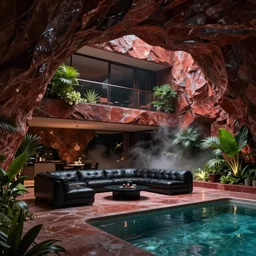 a futuristic apartment interior in the style of a red granite cavern, one black leather couch, luxury, plants, pool of water, high ceiling, dark moody lighting, foggy atmosphere, 16mm lens, by craig mullins, octane rendering