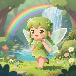 adorable forest fairy in garden near waterfall and rainbow during a spring day, chibi, anime, highly detailed, digital painting, artstation, concept art, smooth, sharp focus, illustration, art by yee chong and sydney hanson and rossdraws and greg rutkowski