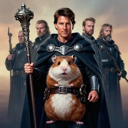 full character potrait of a genetic combination between tom cruise & hamster, holding a ceremonial staff, wearing a cloak, zdzislaw beksinski, lewis jones, dariusz zawadzki, wayne barlow, warhammer fantasy, cold hue's, warm tone gradient background, concept art, 4 k, ultra - high - definition
