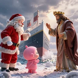 cute little pink ice cream boi thing watches Santa and Jesus engage in a Titanic clash of the ages, fantastic epic photography, wow amazing how cool, great lighting, snowy background