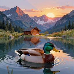 a colorful fantasy mallard floating on an alpine lake in the mountains, cascadia, cabin, mountains, sunset by bob ross