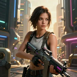 photoreal gameplay screenshot of a 3rd person shooter cyberpunk destiny in a utopian city. Rendered in unreal