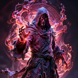 a necromancer pulsing with necrotic energy, art by takeshi obata, power auras, sigils, tattered cloth robes, substance 3 d painter, pbr textures, physical based rendering, cinematic, hyper realism, high detail, octane render, unreal engine, 8 k, vibrant colors, smooth gradients, high contrast, depth of field, aperture f 2. 8