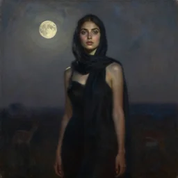 lush celestial twilight portrait in mysterious femininity, ethnic, clear eyes, statuesque, gazelle - like, confident realistic face, radiant skin, dark gown and scarf, svelte fashion design, bathed in moonlight, chiaroscuro, impressionism, silhouette, subtle highlights, deep desaturated hues, oil on canvas