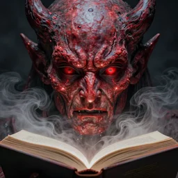 lord loss, demon master, king of hell & sorrow, book portrait, pale red, lumpy skin, he has very dark - red eyes with even darker red pupils. tiny cracks in skin seep, symmetric lights and fog, in the style of zdzislaw beksinski, glowing light and shadow, hyperrealist, 8 k
