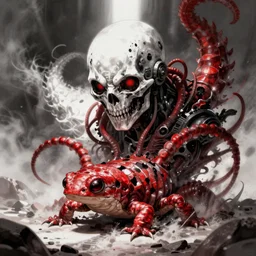 pixiv, gruesome, sci - fi, polychaeta, undead cyborg head, doom, newt, red, white