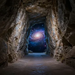 a stone cave leading into a galaxy