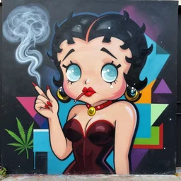 smoking betty boop painting by sachin teng x supreme, matte paint, street art, : 5 marijuana, graffiti, smoke, hard edges, geometric shapes, by sachin teng : 6
