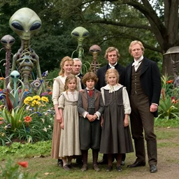sharp, highly detailed, 36864k film, 175000mm film still from a sci fi blockbuster color movie made in 2019, set in 1860, of a family standing in a park, next to some strange alien plants and flowers, on an alien planet, the family are all wearing 1860s era clothes, good lighting, enhanced faces, 700mm f/1.4L lens