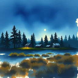 small centered on watercolor paper, paint brush strokes, abstract watercolor painting of village in bog at nightfall, pine trees, sharp shadows, cinematic light, american romanticism by hans dahl, by jesper ejsing, by anders zorn, by greg rutkowski, by greg manchess, by tyler edlin