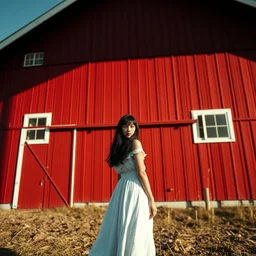 a young woman in!! the shadow! of a red barn!. black hair, white! dress, sharp focus, wide angle, digital art by eddie mendoza and andrei riabovitchev, epic, landscape.