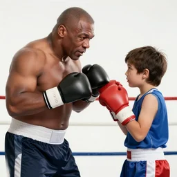 Mike Tyson and a Kid in a Boxing Match with a kid, detailed photo