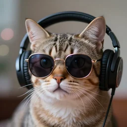 5 5 mm photo of a cat with sunglasses and headphones, head shot. dof. bokeh. magical atmosphere. art by greg rutkowski. highly detailed 8 k. intricate. lifelike. soft light. nikon d 8 5 0.