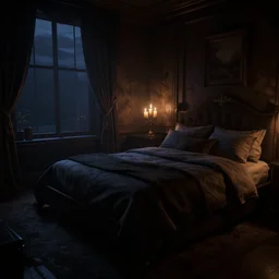 videogame screenshot of a very dark night luxury bedroom, candlelight, dusk, shadows, unral engine, volumetric lighting, raytracing