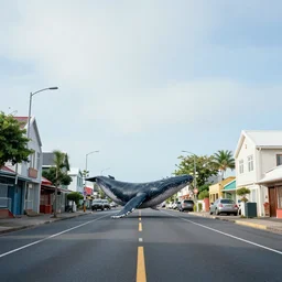 A photo of whale in the middle of the street, wide-angle,