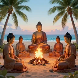 photorealistic illustration of multiple buddhas sitting in around a campfire at the beach with palm trees in the back,, artstation, deviantart, cgsociety