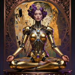photo of a beautiful female meditating steampunk cyborg, is connected with glowing devices, artwork by james jean, hyperdetailed realistic gold and purple metallic, jean delville, art nouveau, gustav klimt, ornate copper patina gothic icon, james jean, ultrasharp hyperdetailed photorealistic octane render